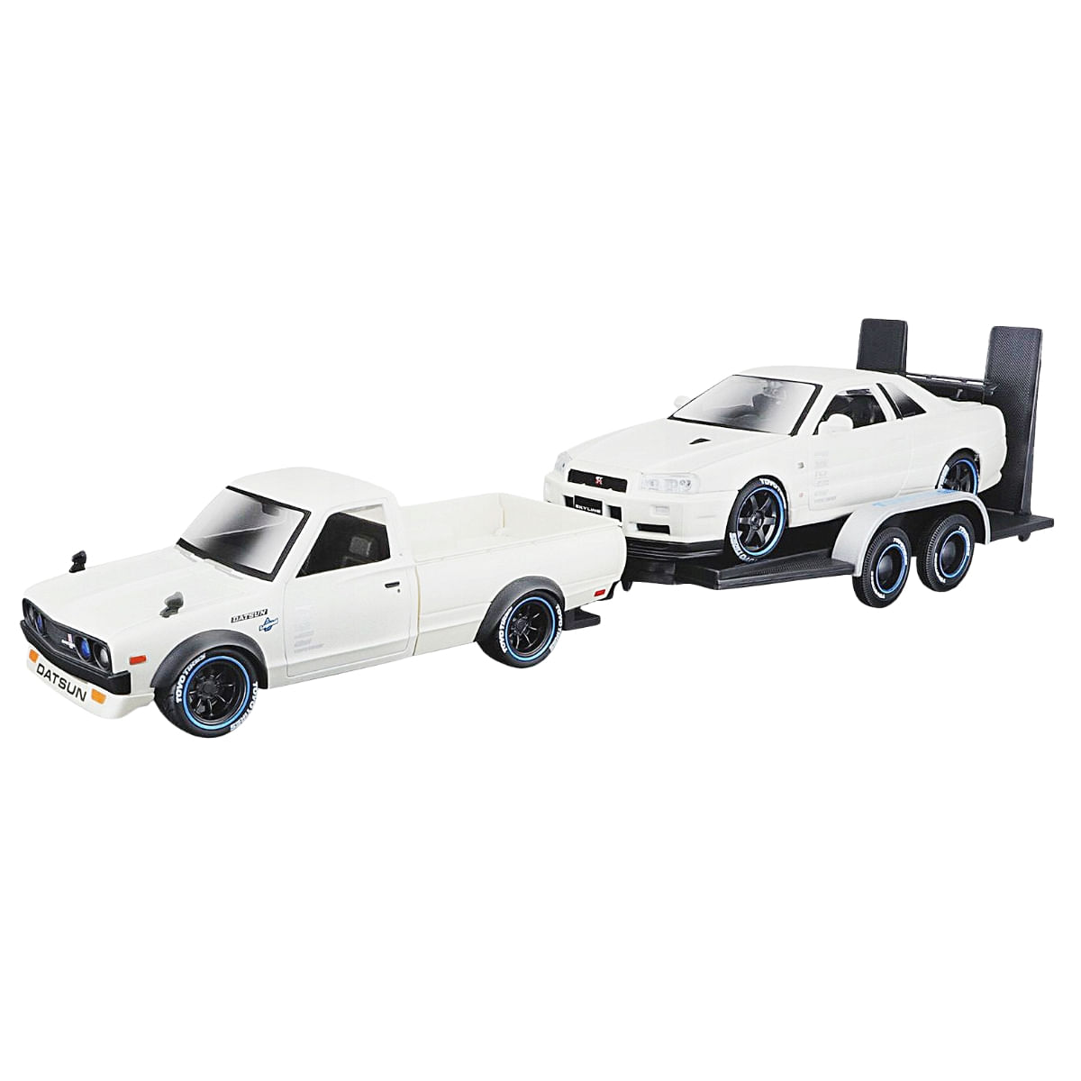 Kit Miniatura Datsun 620 + Nissan Skyline R34 + Carreta 1/24