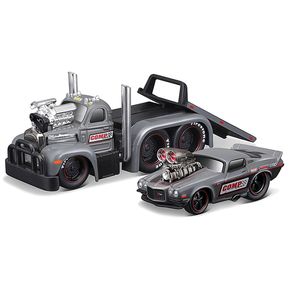 Miniatura-Reboque-Mack-B-61-Flatbed-1953-e-Chevrolet-Camaro-1971-1-64