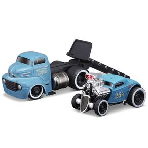 Miniatura-Reboque-Ford-COE-Flatbed-Com-Ford-3W-Coupe-1-64-Azul