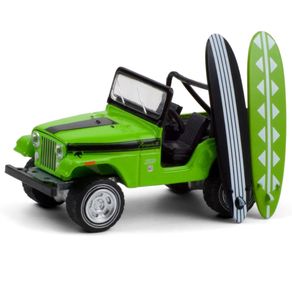 Miniatura-Carro-Jeep-CJ-5-Renegade-1971-c-Prancha-de-Surf-1-64-Verde