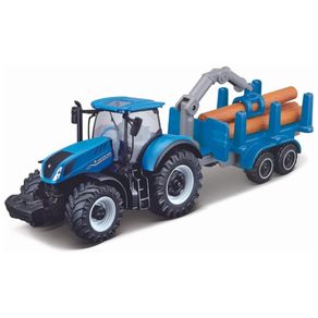 Miniatura-Trator-NH-T7-315-Com-Cacamba-e-Tronco-Azul
